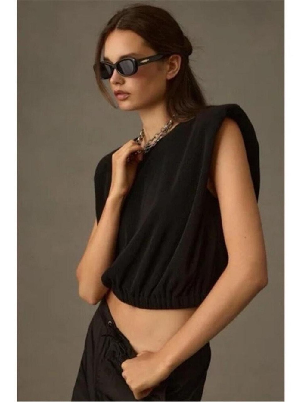Anthropologie Maeve Black Cropped Sleeveless Tank with Padded Shoulders